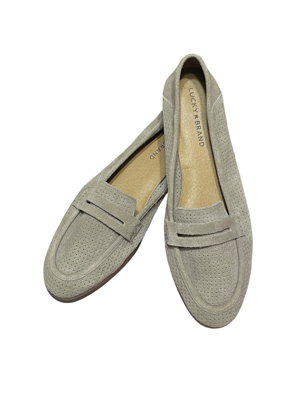 Lucky Brand Caylon Suede Slip On Penny Loafer Taupe Sz 9.5 Academia Office Boho